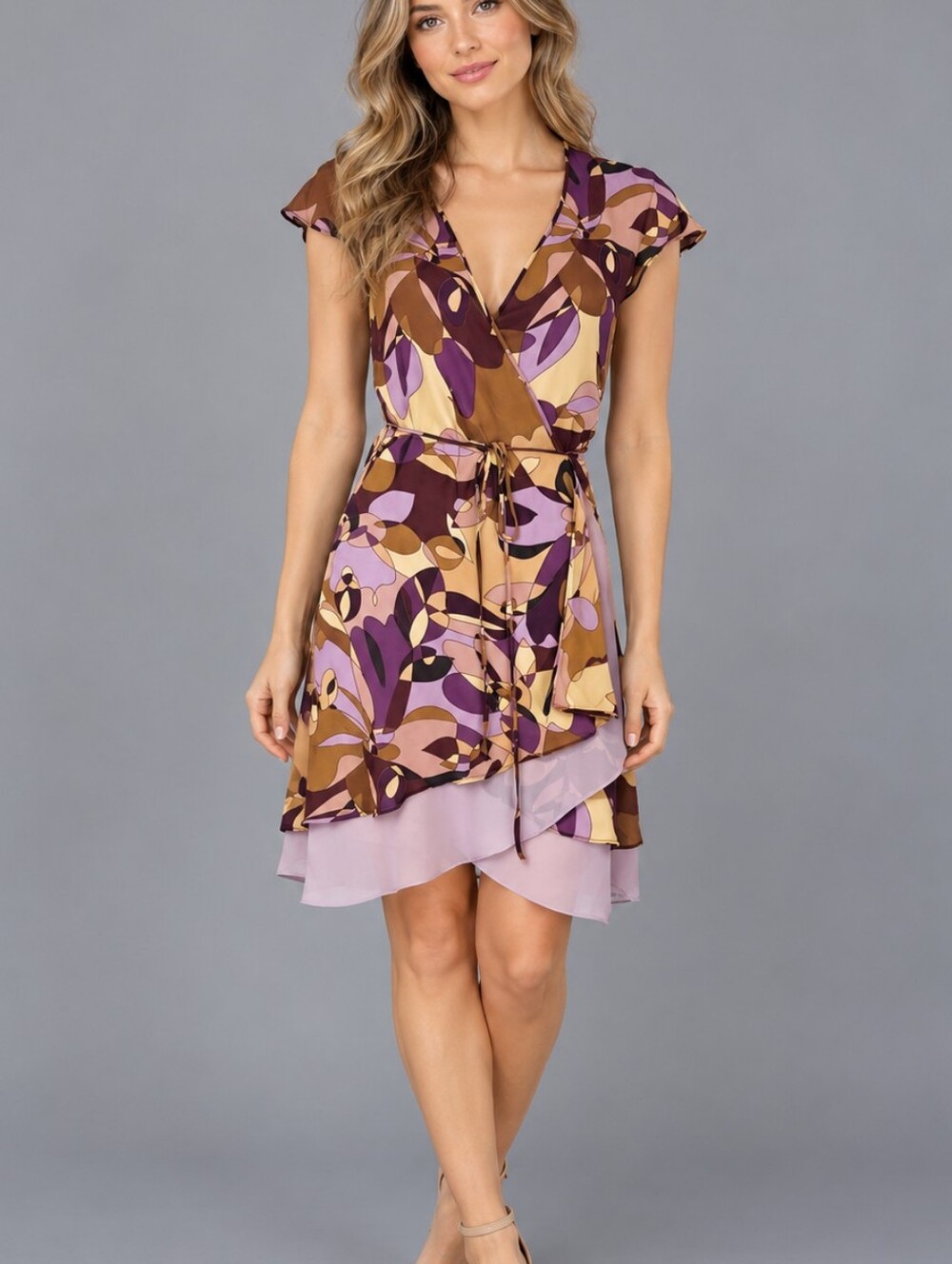 Vtg EXPRESS Y2k Purple Floral Mod Chiffon Surplice Wrap Dress